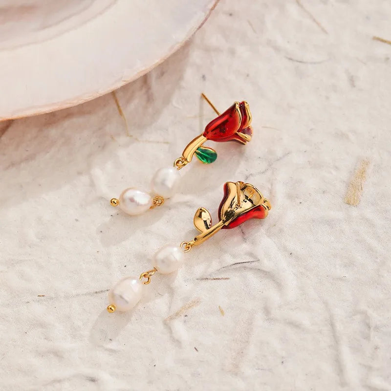 Fashion Flower Rose S925 Silver Copper 18K Gold Plated Freshwater Pearl Drop Earrings for Girls Sweet Jewelry for Women Ladies