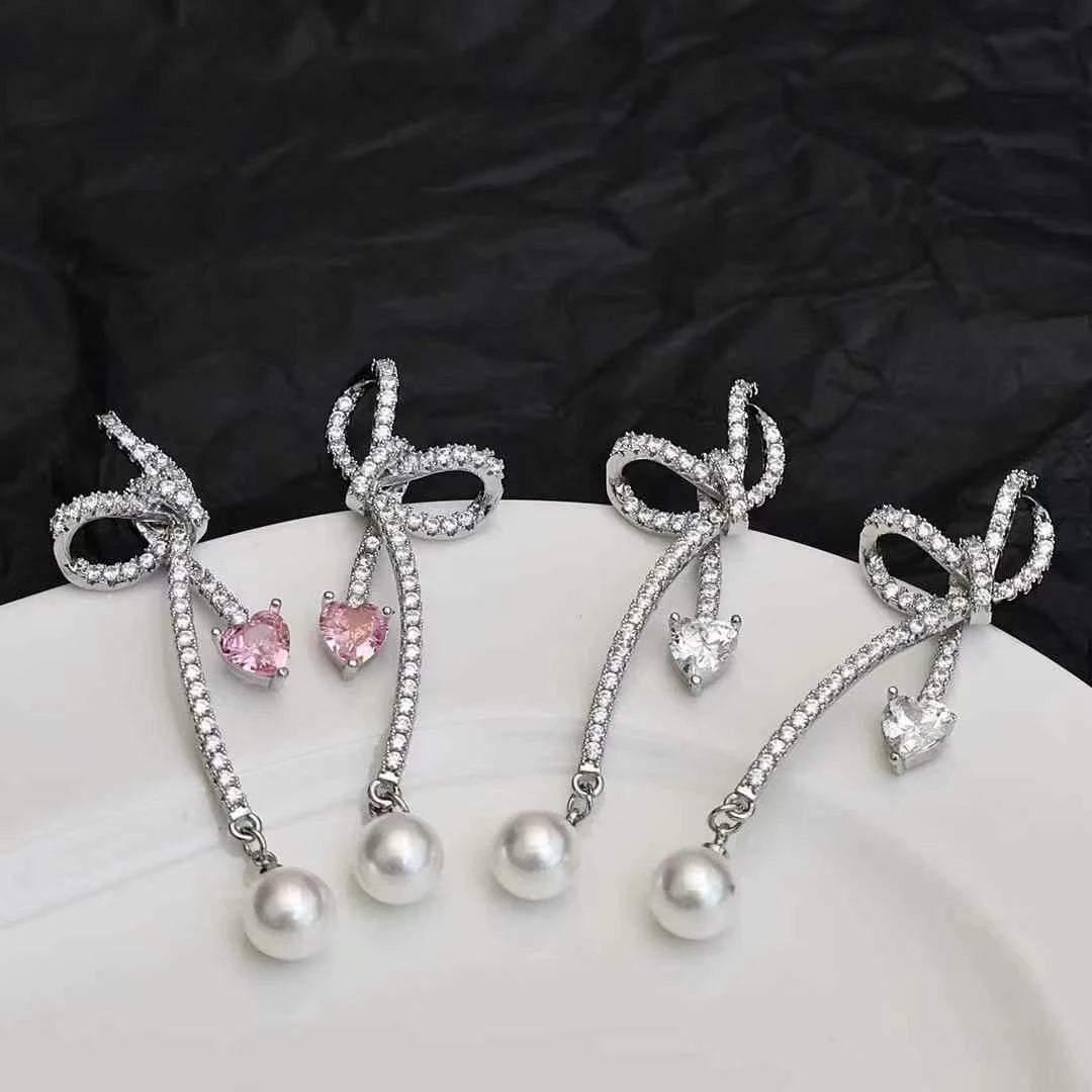 Sweet Fashion Bowknot Rhinestone Drop Earrings for Girls Imitation Pearl Simple Jewelry for Women Ladies Accessories Wholesale
