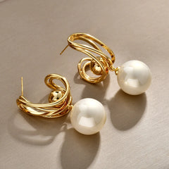 Gold Geometric Pearl Drop Earrings Women's Elegant Large Imitation Pearl Dangle Earrings Fashion Jewelry Accessories Wholesale
