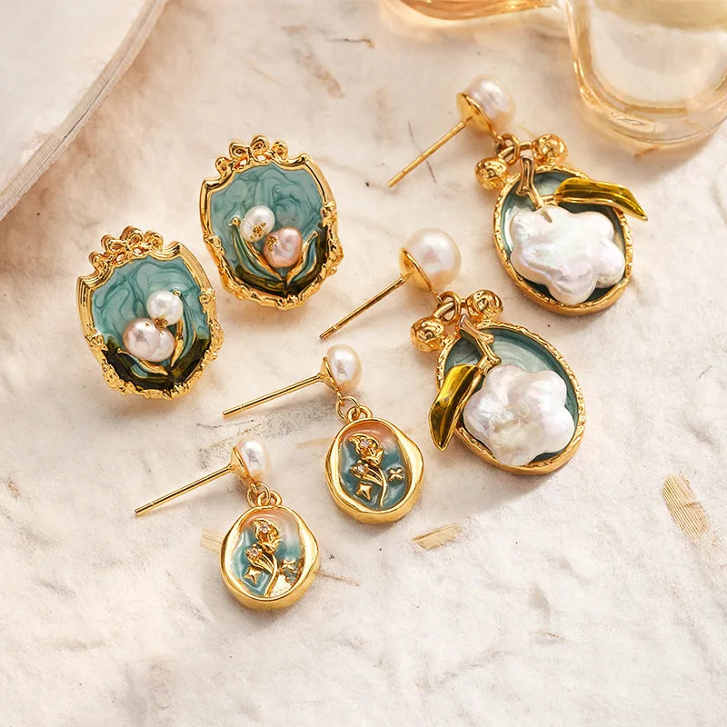 Female S925 Silver 18k Gold-plated Baroque Pearl Drip Glaze Hand-Painted Earring Vintage Elegant Low MOQ in Stock Jewelry