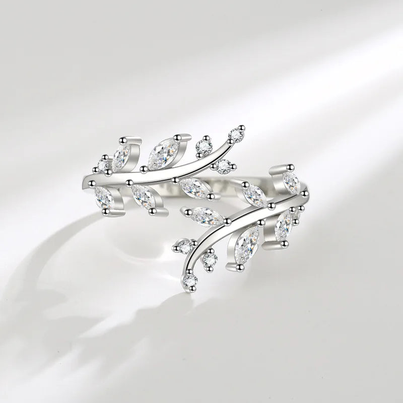 Simple Zircon-encrusted Leaf Branch Rings Women's Fashionable Trendy Opening Index Finger Ring Accessories Wholesale Hot Mujer