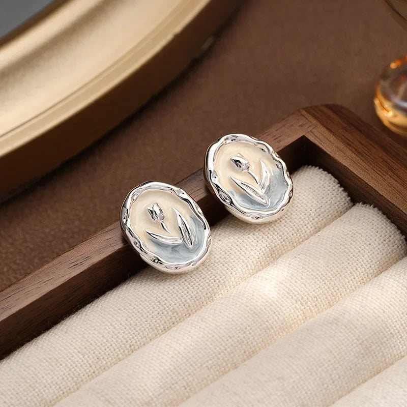 Women Fashion Simple S925 Silver 18k Gold-plated Stud Earring Drip Glaze Hand-Painted Bulk Low MOQ Elegant Jewelry for Daily