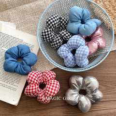 Sweet Cute Flower Shaped Plaid Scunchies for Girls Solid Color Stylish Fashion Hair Ties for Women Ladies Kids Hair Accessories