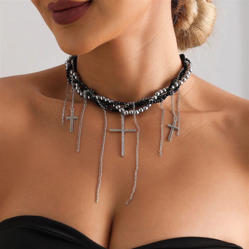 Fashion Beads Layered Wearing Cross Gothic Necklaces for Girls Sweet Spicy Trendy Jewelry for Women Ladies Accessories Wholesale
