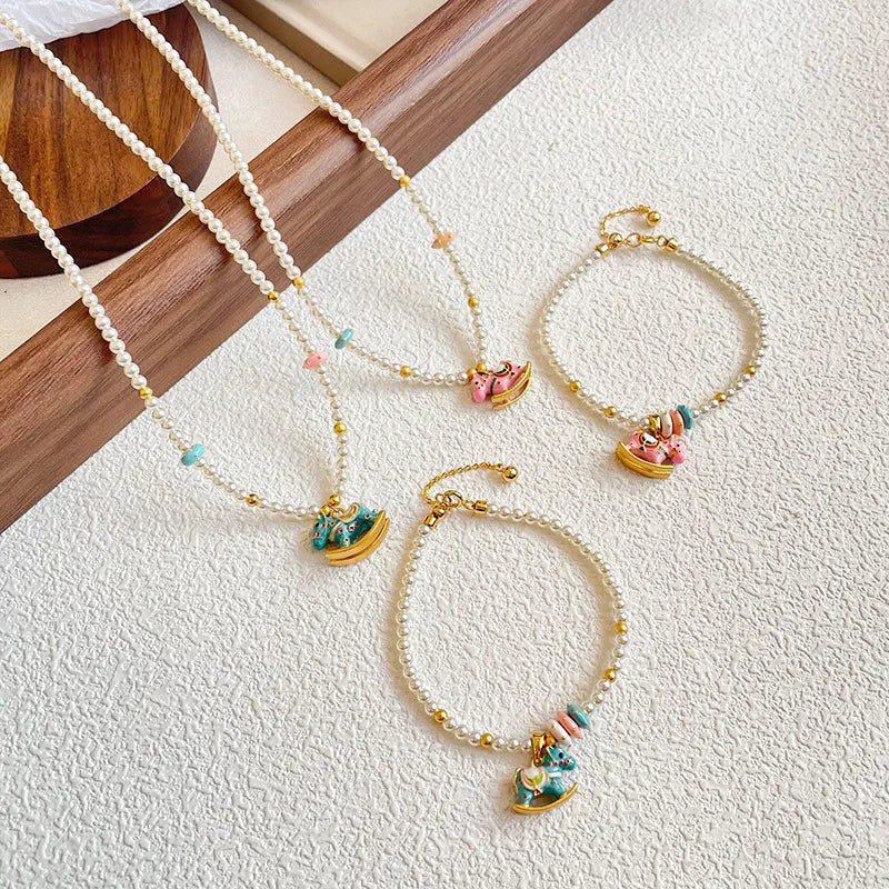 Women Drip Glaze Hand-Painted Graffiti Imitation Pearl 18k Gold-plated Bracelet Necklace Elegant Fashion in Stock Jewelry Sets