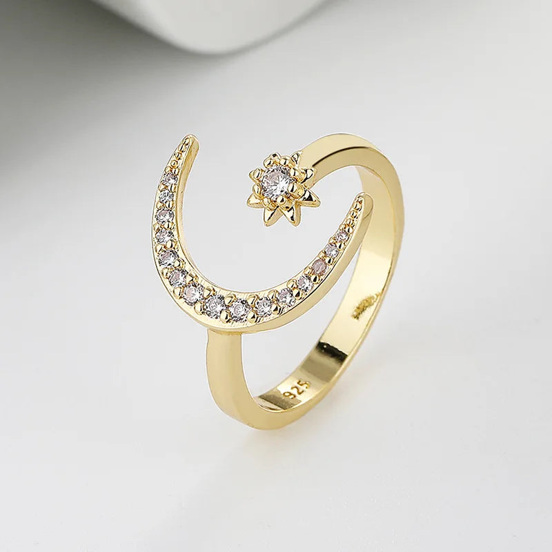 Hot Sale Elegant Dainty Moon and Star Open Rings Women Adjustable Cubic Zirconia Celestial Design Fashion Jewelry Gift Wholesale