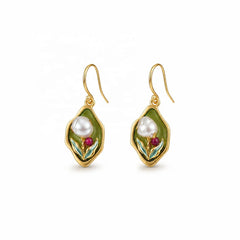 Women Elegant Green Copper Plated 18K Real Gold Freshwater Pearls Earring Jewelry Low MOQ Mixed Order Accepted for Daily Use