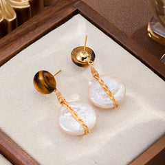 Female Brown Tiger Eye Stone Baroque Pearl S925 Silver Drop Earring Elegant Vintage Trendy Charms Low MOQ in Stock Jewelry