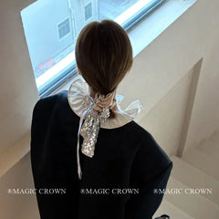 European Trendy Vintage Women's Hair Scrunchy Glitter Bows Hair Ribbon with High Elastic Elegant Daily Use Hair Accessory