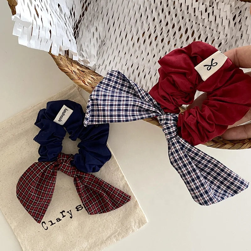 Fashion Plaid Bowknot Scrunchies for Baby Girls Cute Sweet Elegant Hair Ties for Kids Children Hair Accessories in Stock