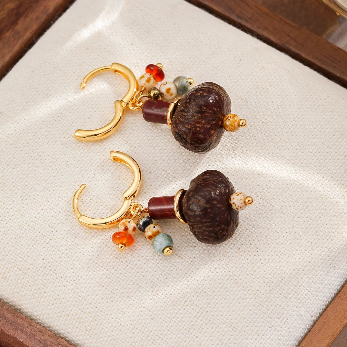 Women Retro Bodhi Seeds Natural Stone 18k Gold-plated Earring Charms Dainty Low MOQ Factory Price Jewelry for Female Daily
