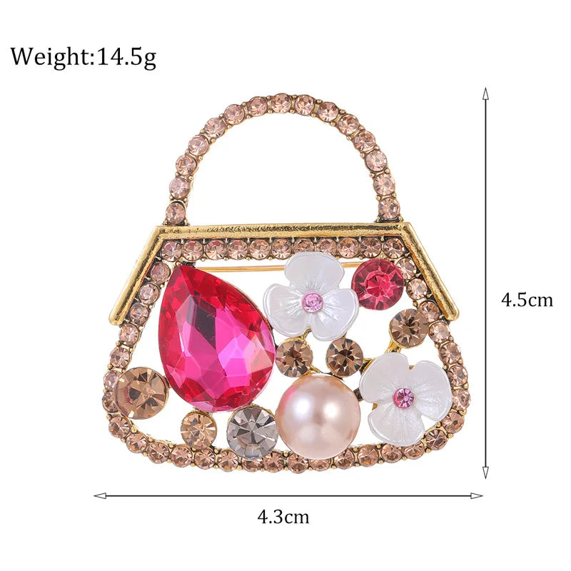 Fashion Elegant Sweet Bags Trendy Stylish Brooches for Girls Cute Rhinestone Glitter Pins Jewelry for Women Ladies Accessories