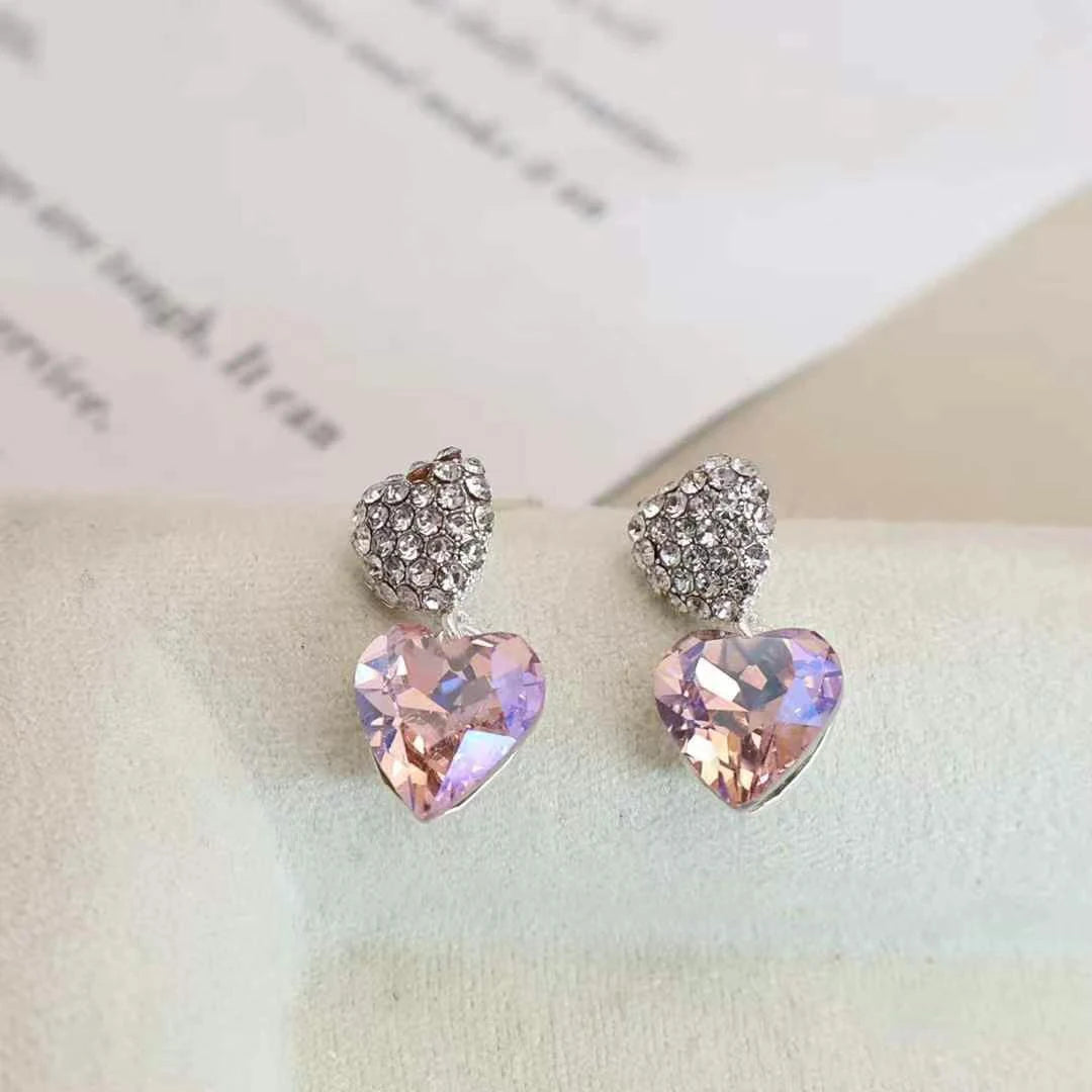 Glitter Heart Shaped Rhinestone Elegant Stud Earrings for Girls Sweet Cute Trendy Stylish Jewelry for Women Ladies Accessories
