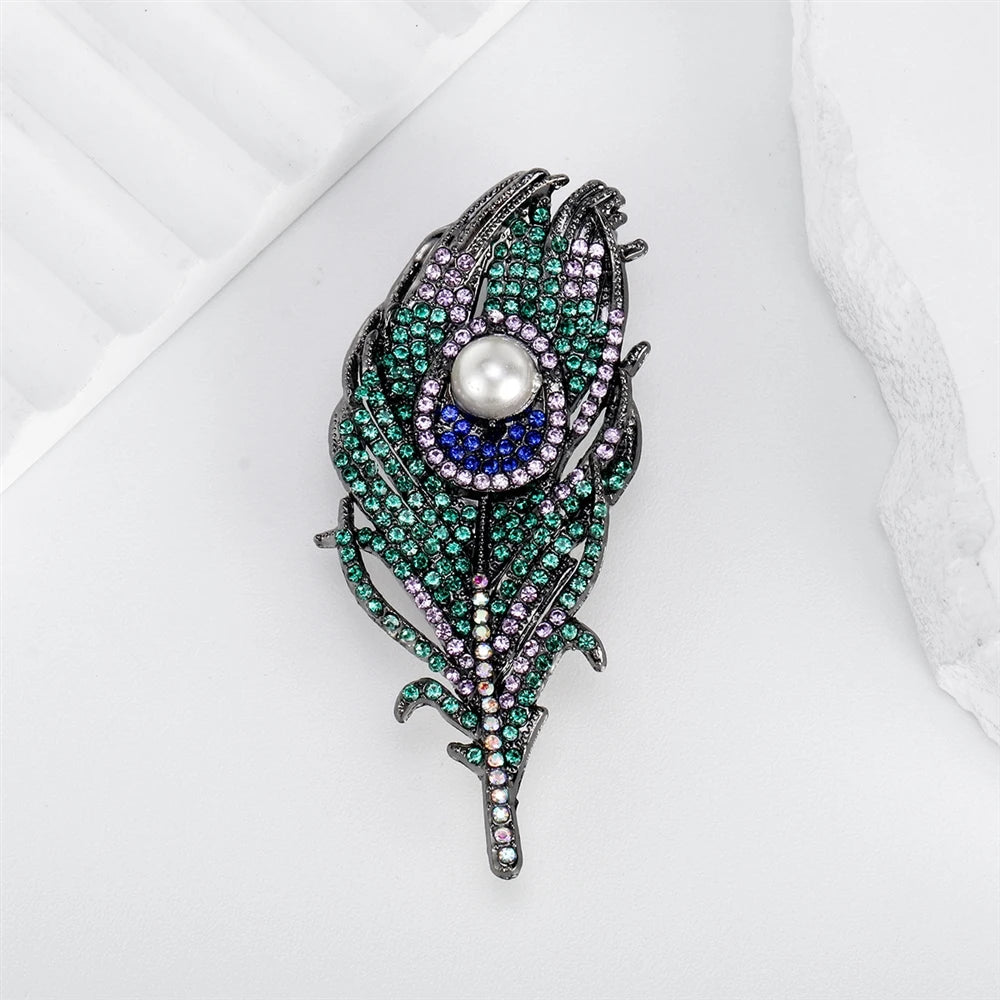 Fashionable Glitter Sparking Rhinestone Feather Elegant Brooches for Girls Vintage Pins Jewelry for Women Ladies Accessories
