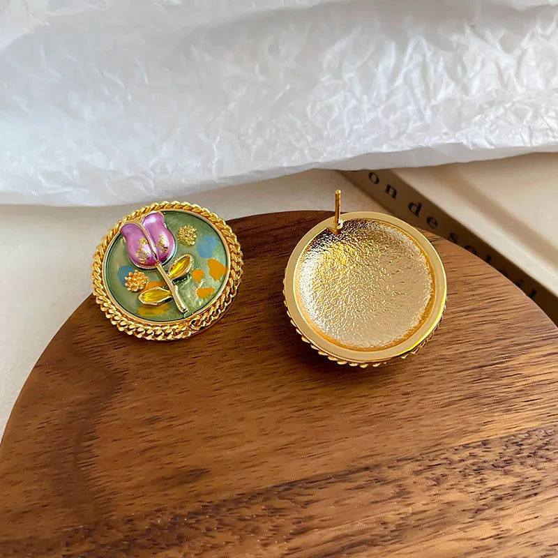 Women Vintage Flower S925 Silver 18k Gold-plated Copper Stud Earring Factory Price Trendy Hand-Painted Drip Glaze Jewelry