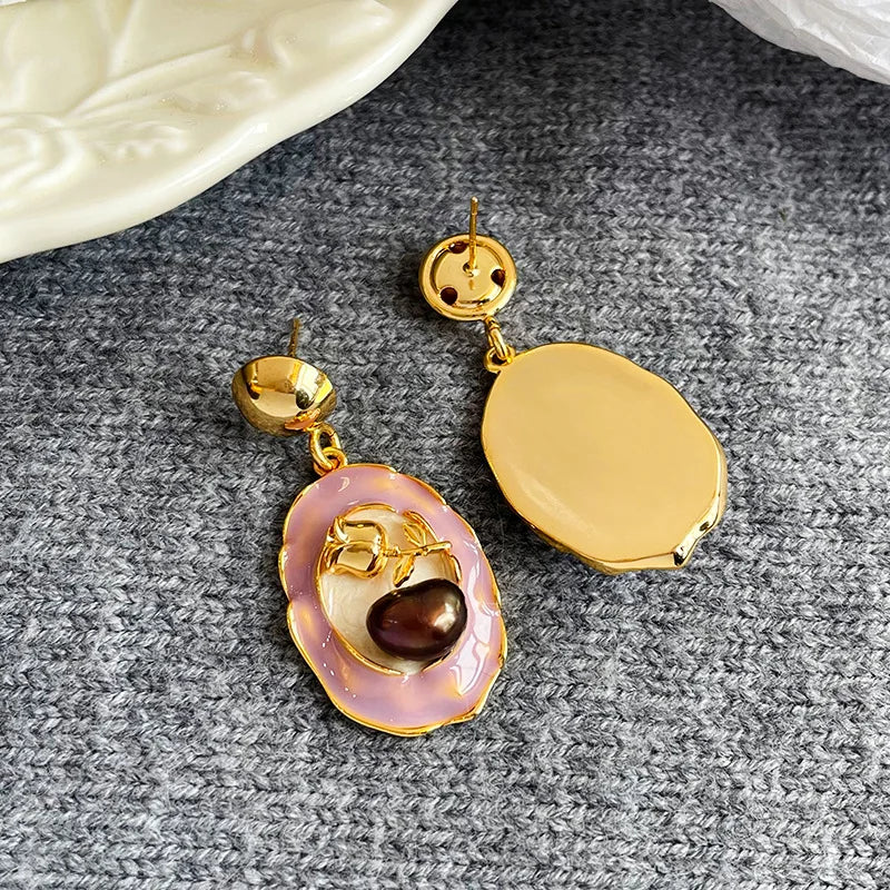 Fashion Freshwater Pearl Copper 18K Gold Plated Drop Earrings for Girls Hand-Painted Jewelry for Women Ladies Wholesale Vintage