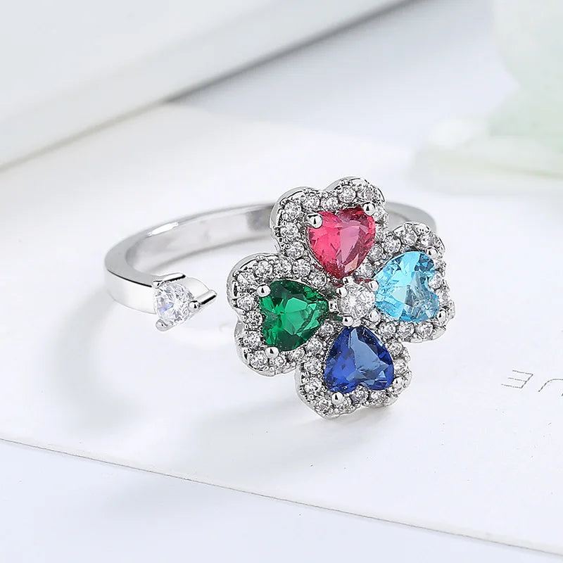 Rotating Four-leaf Clover Zircon Rings Colorful Multi-color Shining Adjustable Open Ring Women High-end Light Luxury Accessories