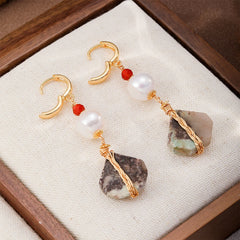 Women Red Agate Baroque Pearl Diamond Shaped Cut Orchid Bead Hoop Earring Fashion Charms in Stock Jewelry for Female Daily Use