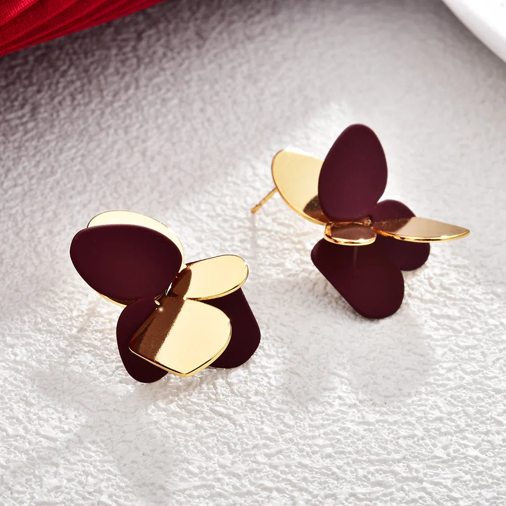 Women's Sweet Cute Butterfly Stud Earrings Irregular Metal Contrast-Color Fashionable Simple Earrings Jewelry Casual Versatile
