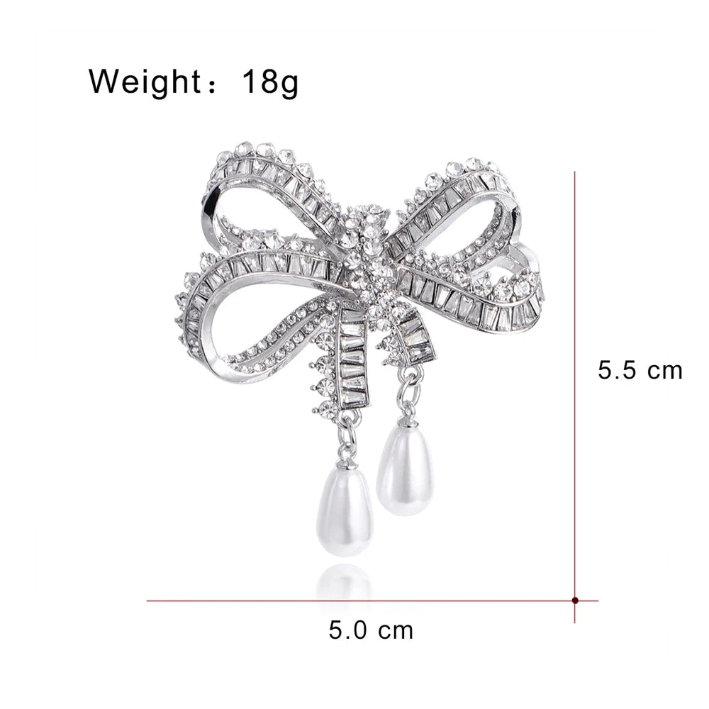 Fashion Bowknot Glitter Imitation Pearl Brooches for Girls Sparking Elegant Graceful Pins Jewelry for Women Ladies Accessories