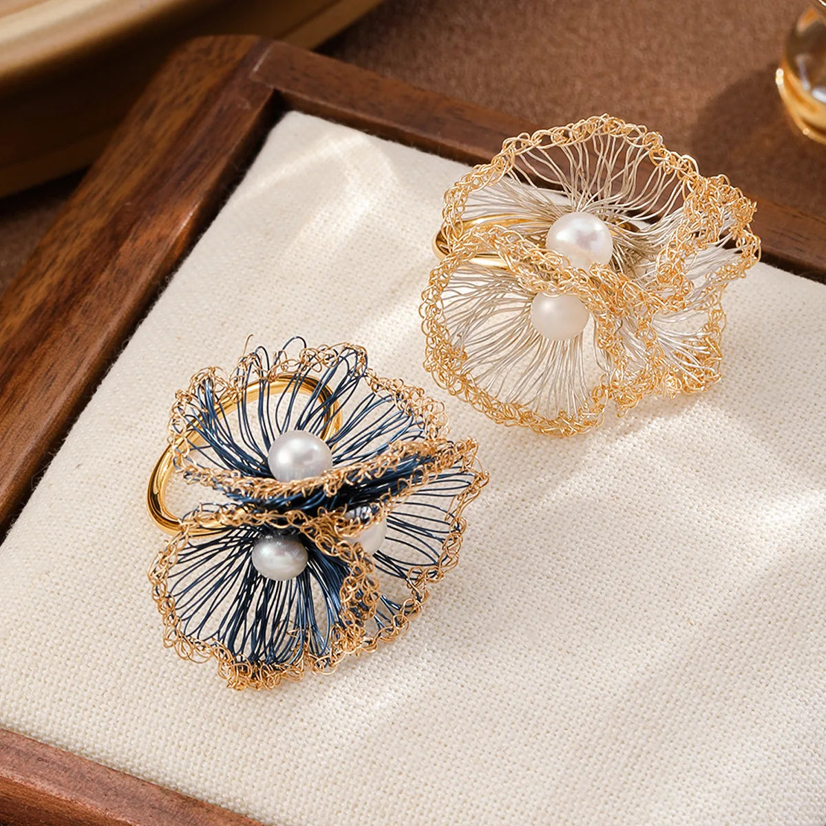 Fashion Wire Crochet Artisan Work Flower Luxury Rings for Girls Elegant Copeer 18K Gold Jewelry for Women Ladies Wholesale Bulk