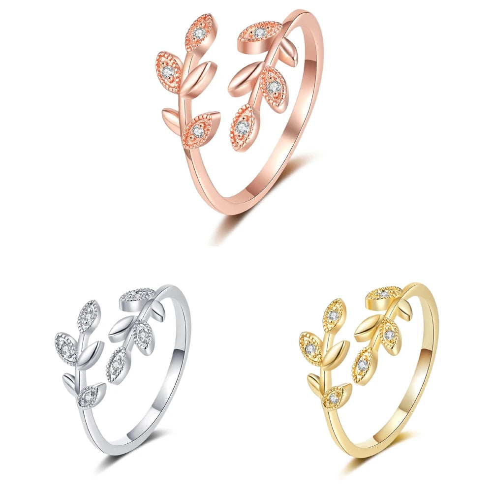 Fashionable Leaf Cross Rings for Women Zircon-encrusted Simple Leaf Open Rings Europe and America Trendy Accessories Wholesale