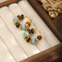 Fashion Turquoise Tiger Eye Stone Hoop Earrings for Girls Elegant Vintage 18K Gold Plated Jewelry for Women Ladies Wholesale