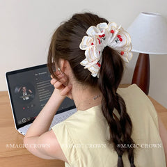 Female Three Layer Cherry Print Large Ponytail Holder Scrunchies Elegant Chic High Elastic Hair Ties Accessories for Women Daily