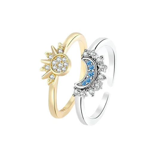 Women's Simple Design Sun Moon Shining Stacked Ring with Zircon Glitter Elegant Ring European and American Custom Jewelry Bulk