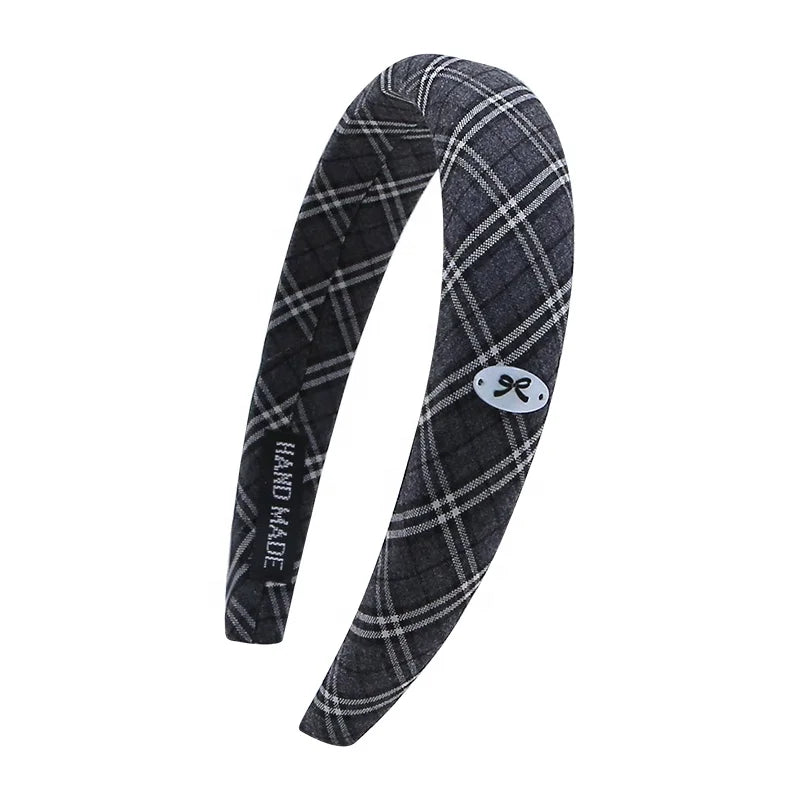Women's Plaid Wide Headbands Navy Blue College Style Basic Model Hairband Elegant Retro Hair Accessories for Girls Wholesale