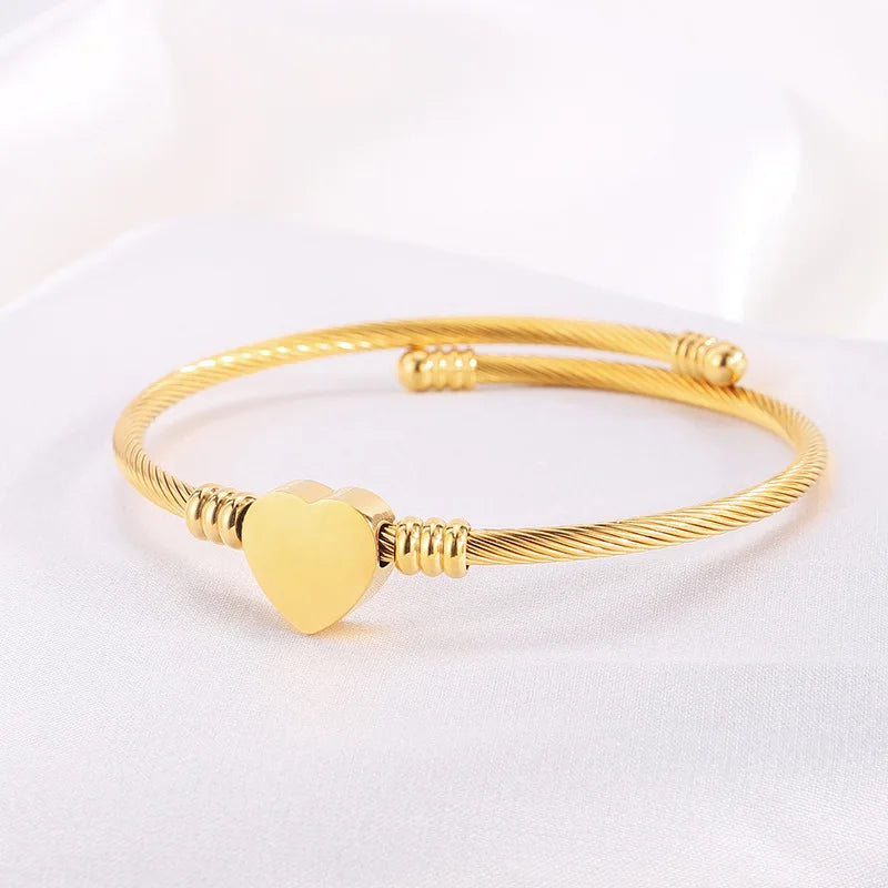 Stainless Steel Cable Bangle Bracelet Women's Heart and Cross Charm Adjustable Open Cuff Fashion Jewelry Accessories Wholesale