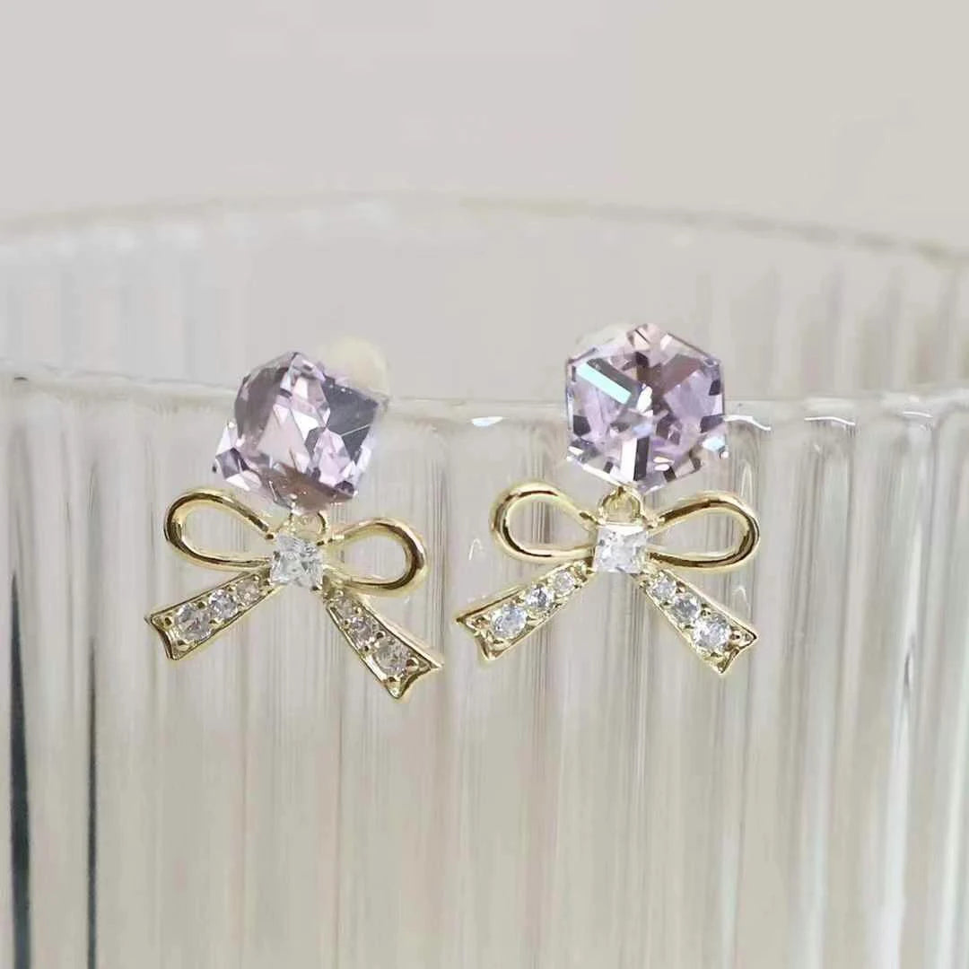 Fashion Rhinestone Glitter Bowknot Cute Drop Earrings for Girls Sweet Refined Dainty Jewelry for Women Ladies Accessories
