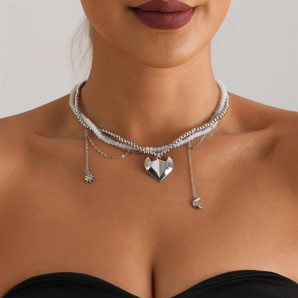 Fashion Sweet Beads Heart Shaped Necklaces for Girls Elegant Layered Wearing Cute Jewelry for Women Ladies Teenager Accessories