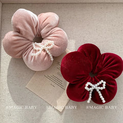 Sweet Fashion Cute Imitation Pearl Bowknot Velvet Hair Ties for Baby Girls Flower Scrunchies for Kids Children Hair Accessories