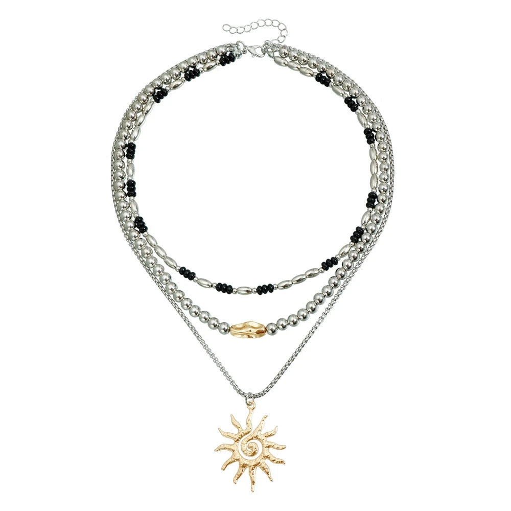 Fashion Beads Layered Wearing Sun Necklaces for Girls Elegant Glamorous Charms Vintage Jewelry for Women Ladies Accessories