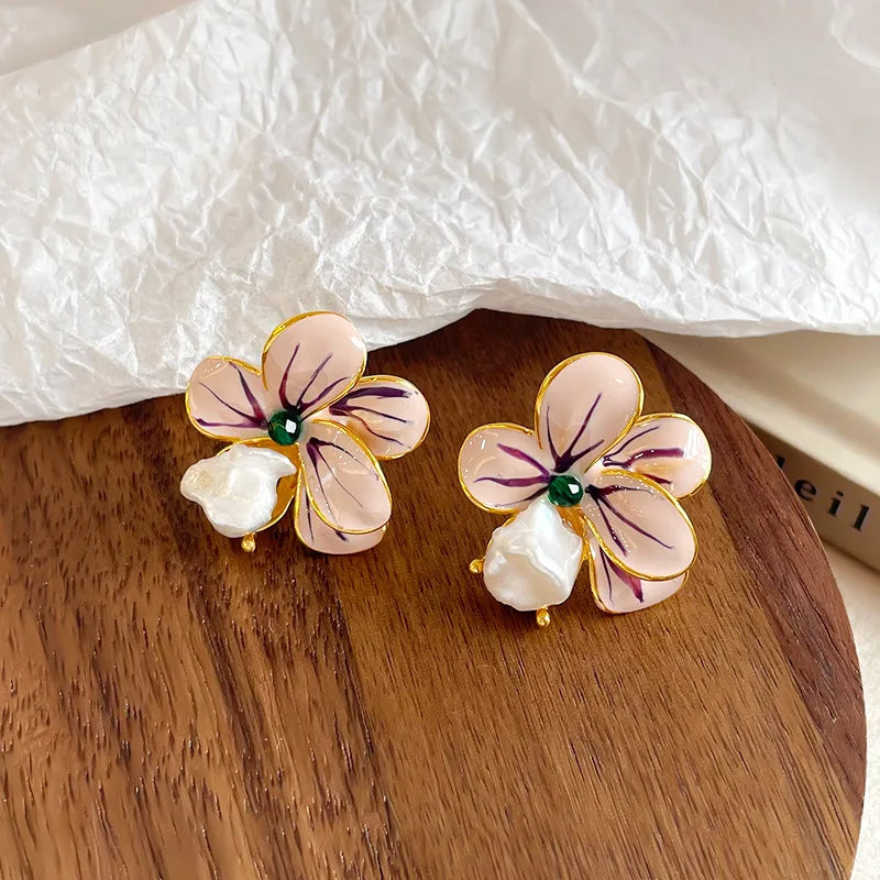 Ladies Green Pink Yellow Gold Flower Shape Stud Earring Sweet Elegant Fashion Factory Price in Stock Jewelry for Women Daily Use