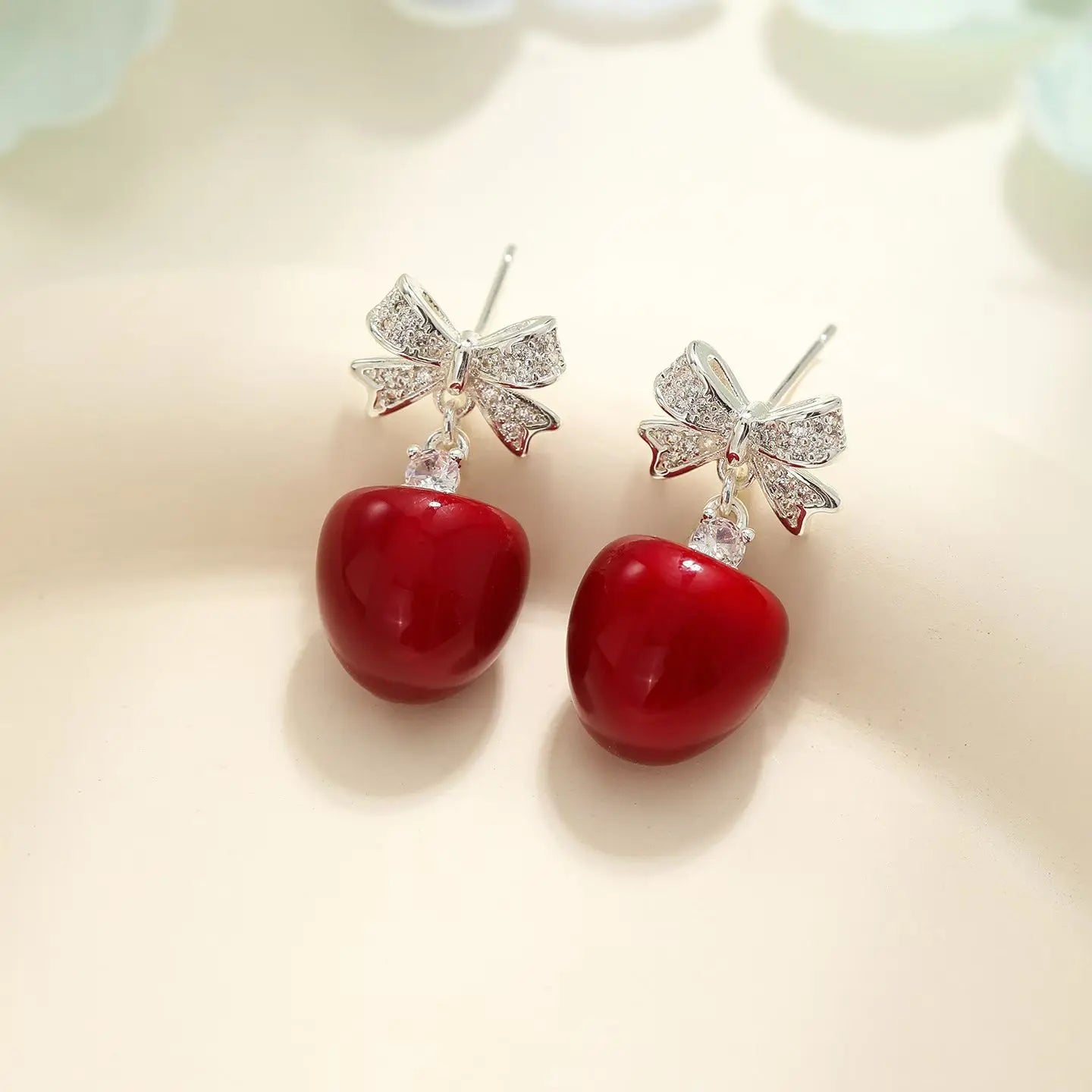 Sweet Red Fruits Cherry Bowknot Drop Earrings for Girls Trendy Stylish Elegant Jewellry for Women Ladies Accessories Wholesale