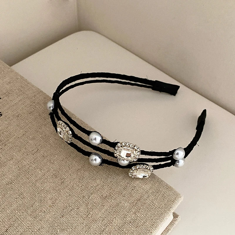 Women Hot Sale Solid Color Rhinestone Imitation Pearl Slim Hairband Fashion Chic Elegant Customized in Stock Headband Accessory