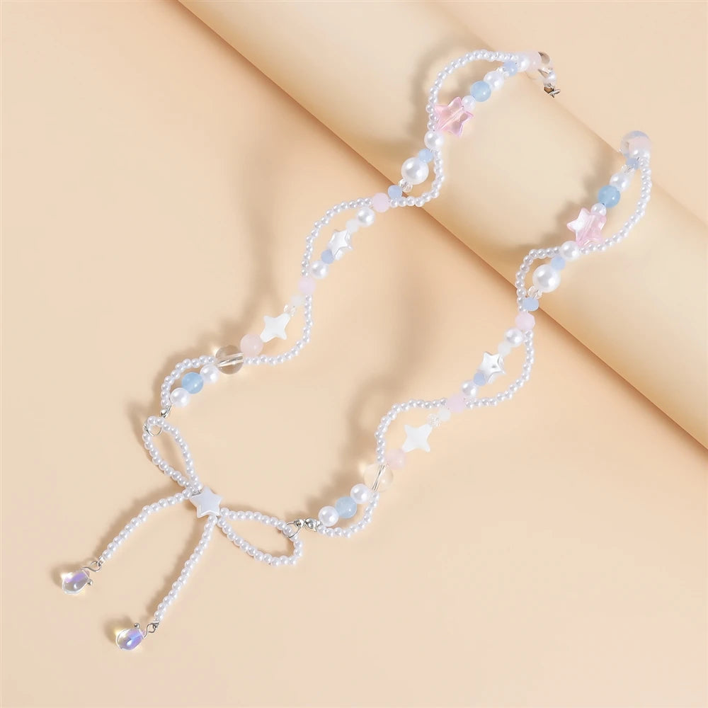 Fashion Sweet Bowknot Beads Princess Style Kawaii Necklaces for Girls Trendy Elegant Jewelry for Women Ladies Accessories