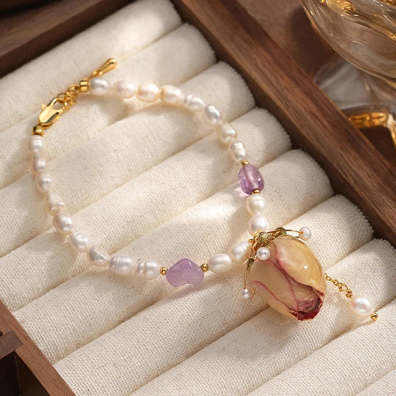 Female  Charms Luxury Freshwater Pearl Natural Stone Dried Rose Flowers Bracelet Low MOQ in Stock Elegant Jewelry for Causal