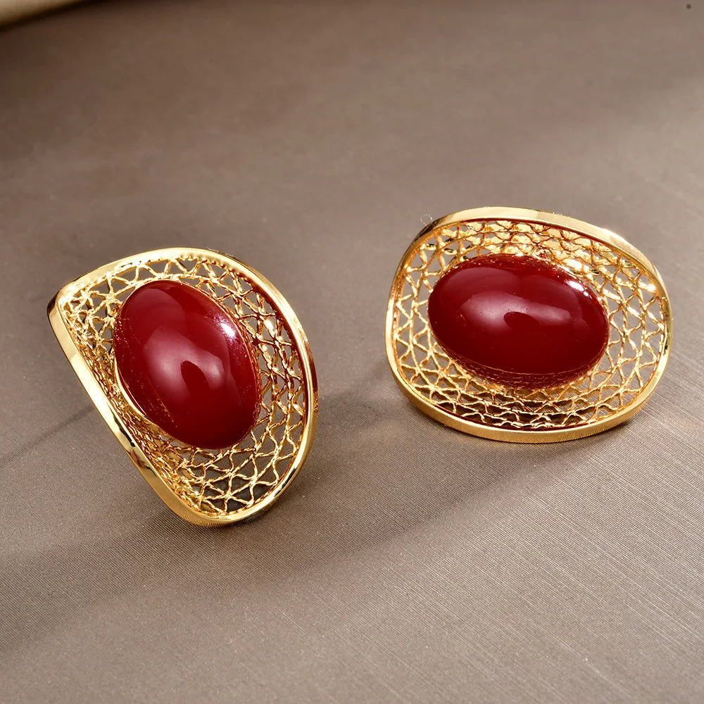 Trendy Retro Court Style Stud Earrings Red Oval Pearl Hollow-out Earrings Fashionable Personality Elegant Women's Ear Jewelry