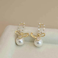 Sweet Bowknot Imitation Pearl Elegant Drop Earrings for Girls Simple Classic Luxury Jewelry for Women Ladies Accessories Chic