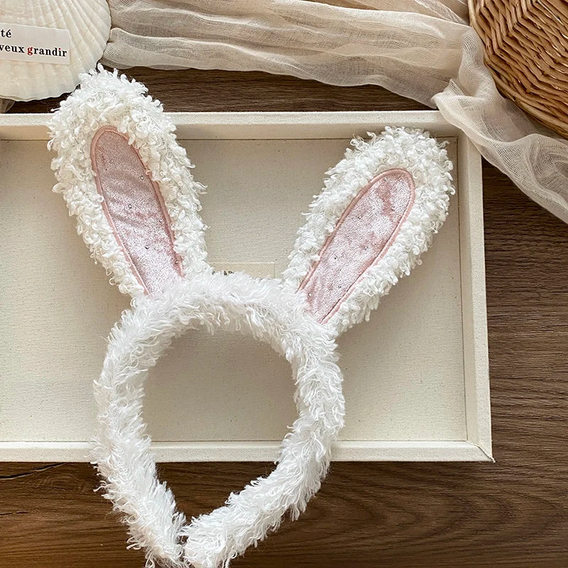 Women Pink White Rabbit Ear Large Hairbands Sweet Fashion Chic Fluffy Wholesale in Stock Headbands Accessories for Female Daily