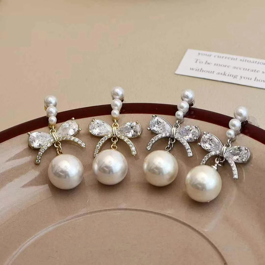 Ladies Imitation Pearl Bow Flower Decorative Small Drop Earring Fashion Elegant Glamorous High Quality Daily Jewelry Accessories
