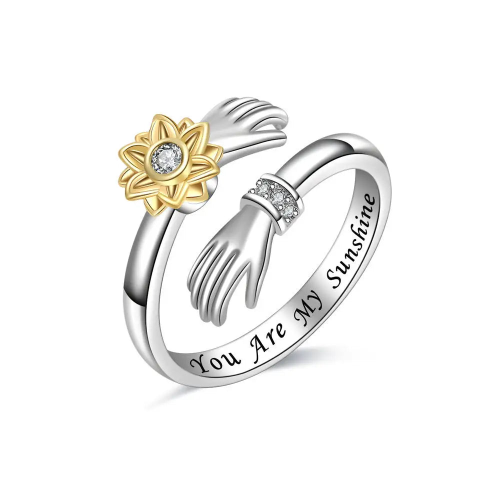 Best Seller Adjustable Sunflower-rotating Silver Ring with Zircon Simple Forest-style Double-hand Embrace Rings Women Jewelry