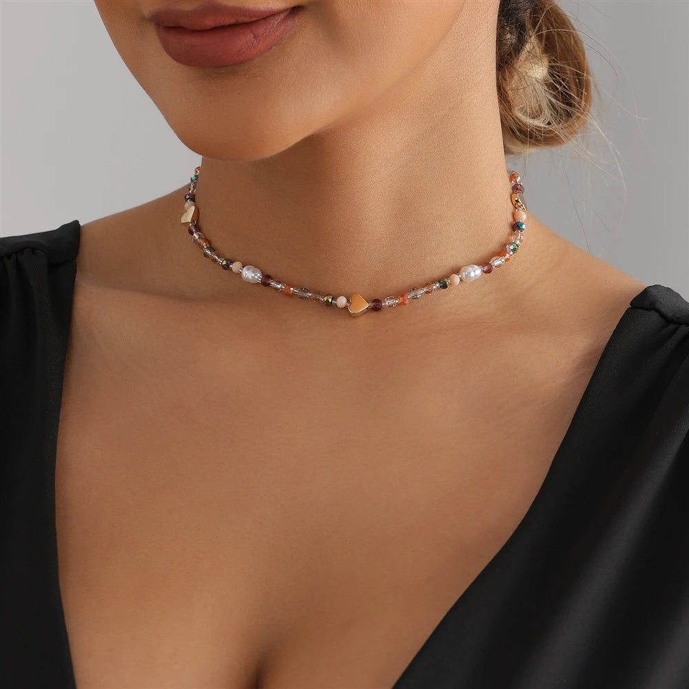 Fashion Colorful Beads Heart Shaped Sweet Cute Necklaces for Girls Trendy Art Deco Jewelry for Women Ladies Accessories Chic