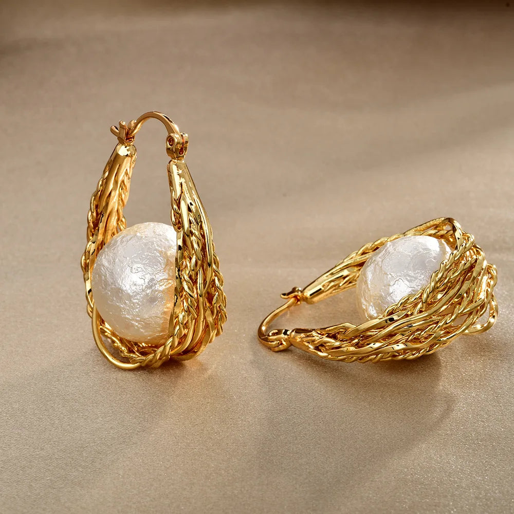 Niche Designer Earring Woven Hemp Pattern Luxury High-end Beads Imitation Pearl Earrings Cold Style Hollow Women's  Earring New