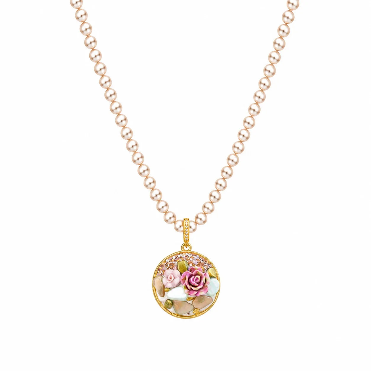 Ladies Flower Rhinestone 18k Gold-plated Freshwater Pearl Hand-Painted Drip Glaze Factory Price in Stock  Pendant Necklace