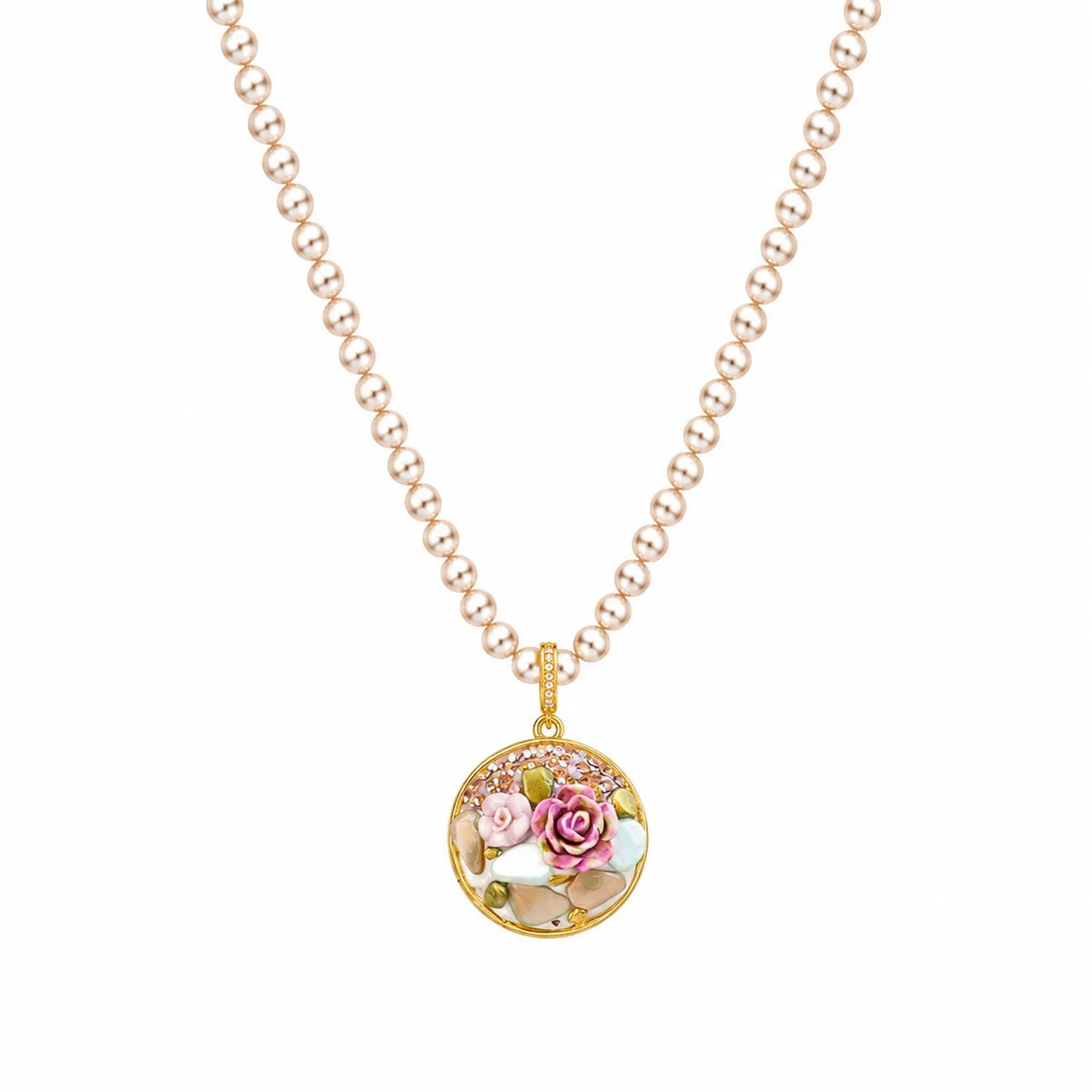 Ladies Flower Rhinestone 18k Gold-plated Freshwater Pearl Hand-Painted Drip Glaze Factory Price in Stock  Pendant Necklace
