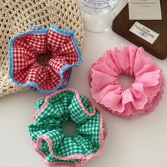 Hot Sale Girls Solid Color Grid Large Hair Ties Ponytail Holder Durable Elastic Fashion Sweet Scrunchies Accessories for Kids